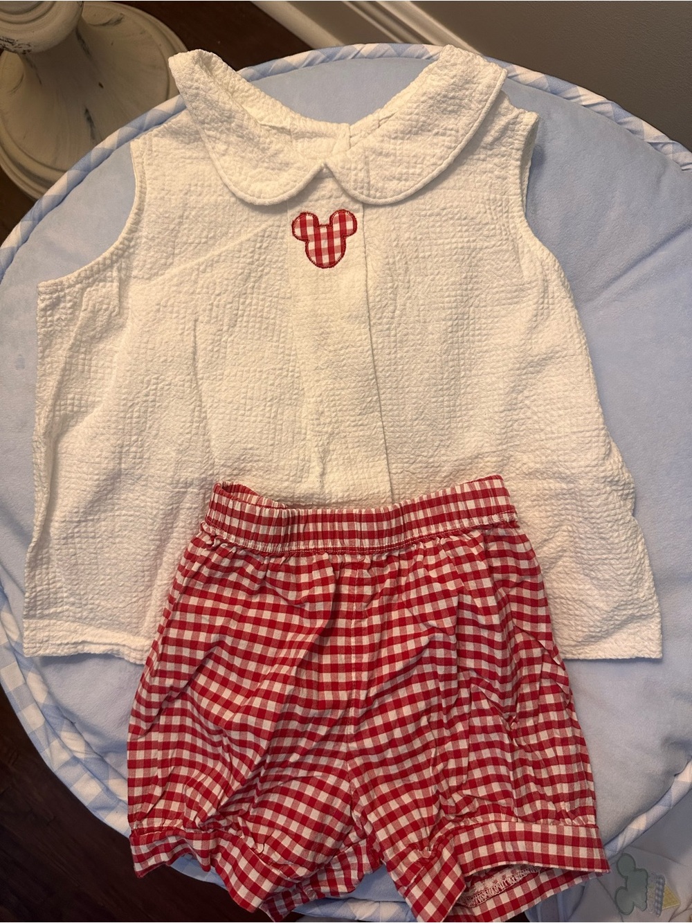 Two-Piece White Seersucker Top & Red Gingham Shorts